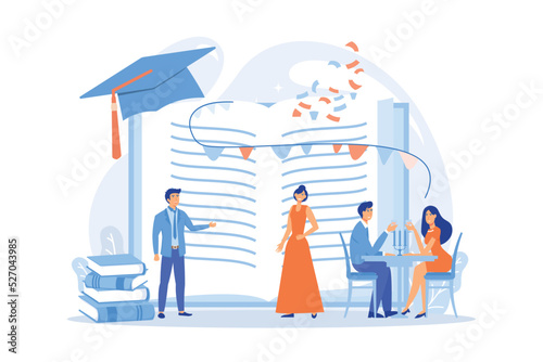 Tiny people high school students in dresses and suits chatting at promenade dance. Prom party, prom night invitation, promenade school dance concept. flat vector modern illustration