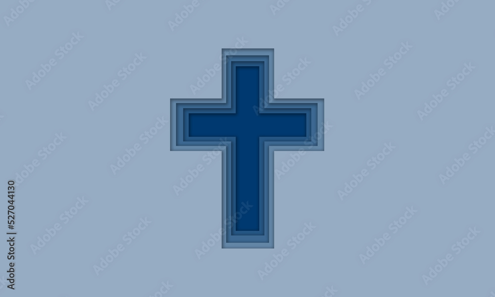 3D abstract blue Christian religion cross symbol icon with paper cut shapes.