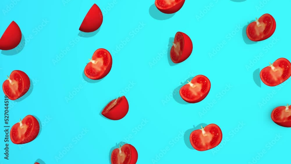 tomatoes slice 3D animation on blue background tomatoes slice 3D animation on blue background