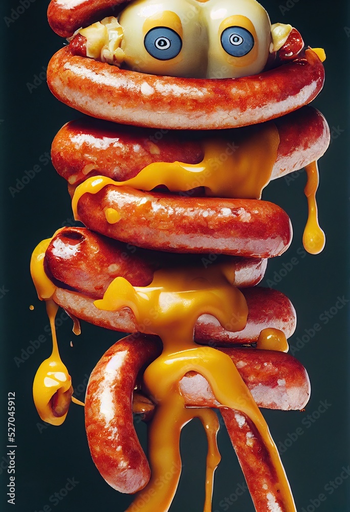 Surreal saucy sausage monster with googly eyes this imaginative
