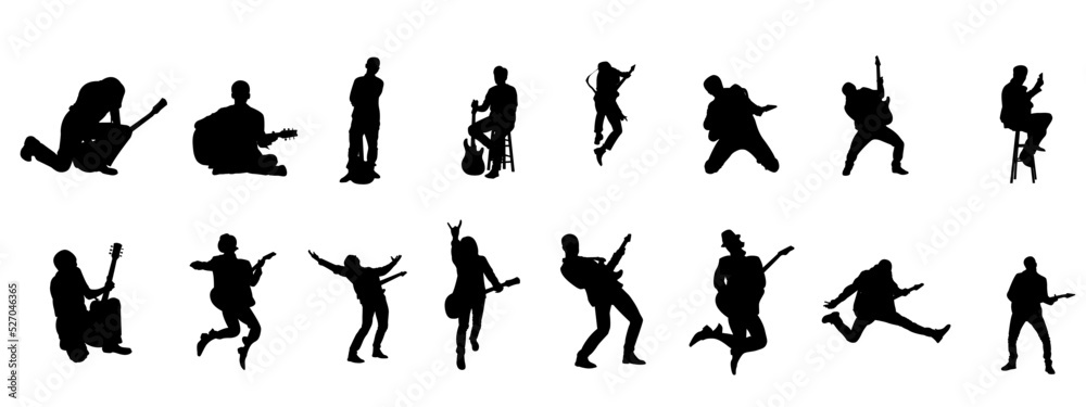 vector collection of silhouettes of people playing guitar.  guitar, silhouette, player, play, man, guitarist, vector, music, acoustic, rock, musician, rocker, electric, punk, human, character