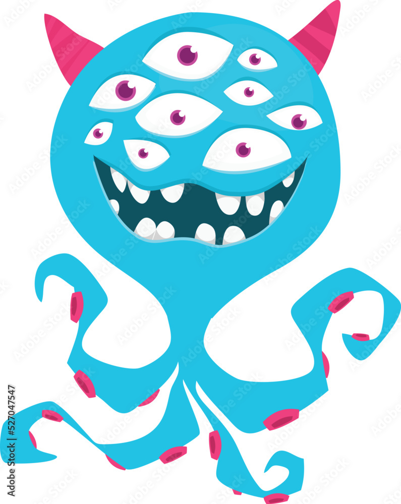 Funny cartoon smiling monster character. Illustration of cute and happy mythical alien creature. Halloween design Funny cartoon smiling monster character. Illustration of cute and happy mythical alien creature. Halloween design