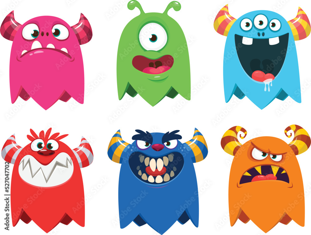 Funny cartoon monsters. Set of cartoon vector scary colorful monsters. Halloween design for decoration, stickers or cutout yard art sign. Funny cartoon monsters. Set of cartoon vector scary colorful monsters. Halloween design for decoration, stickers or cutout yard art sign.