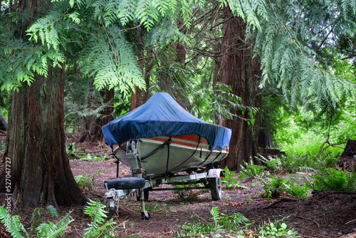 Boat covered in tarp in outdoor wooded area