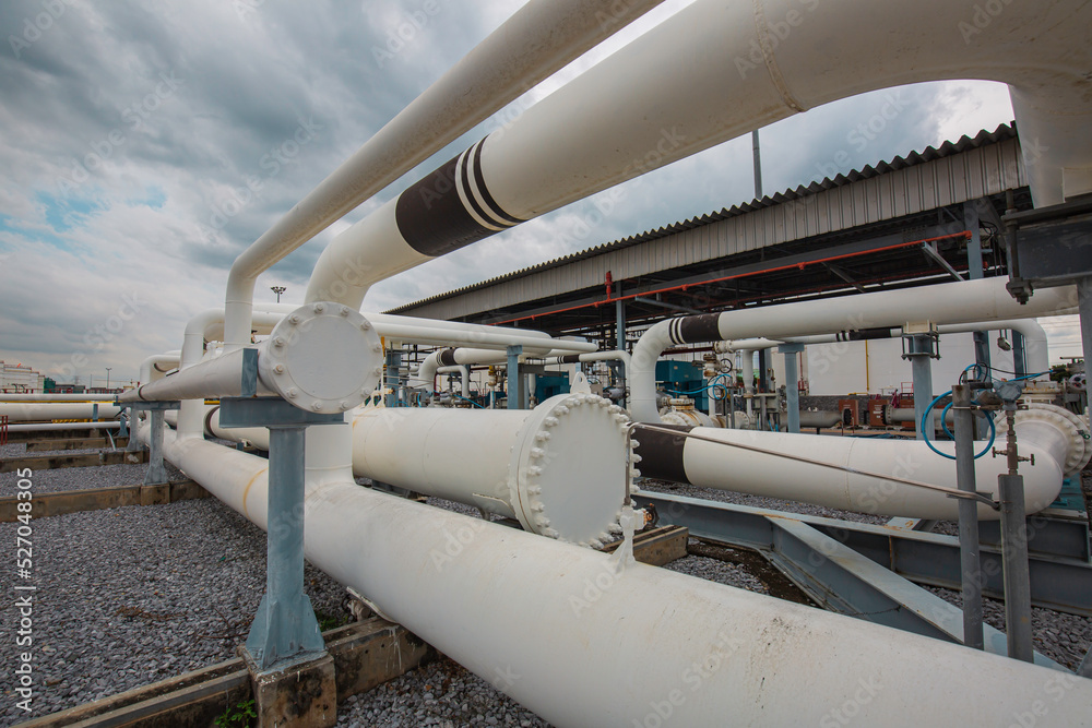 Steel long pipes and pipe elbow in station oil factory during refinery Petrochemistry industry Steel long pipes and pipe elbow in station oil factory during refinery Petrochemistry industry
