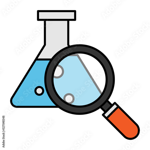 Erlenmeyer flask with magnifier Concept, Mixing  titration flask vector color icon design, Biochemistry symbol, Biotechnology and Biochemical Sign, Science and engineering stock illustration
