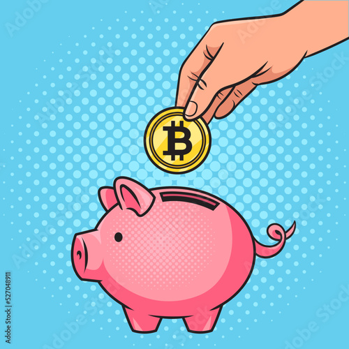 hand throwing bitcoin coin into piggy bank pop art retro vector illustration. Comic book style imitation.