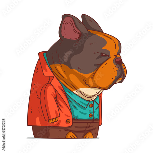 An Urban Dog, isolated vector illustration. Cartoon picture of a serious French bulldog wearing a suit. Drawn animal sticker. An anthropomorphic dog on white background. A dressed animal. A citizen.