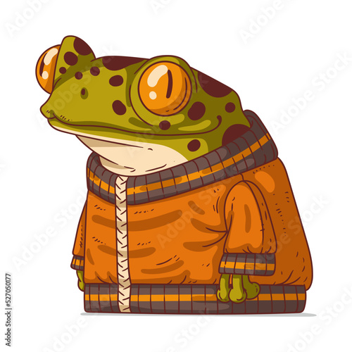 An Urban Frog, isolated vector illustration. Cute cartoon picture of a froglet wearing a zip-up sweatshirt. Drawn animal sticker. An anthropomorphic toad on white background. A dressed animal.