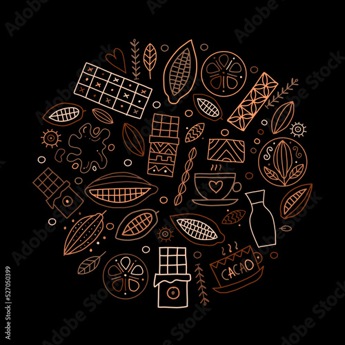 Chocolate, cacao and sweets. Concept art circle frame for your design. Vector...