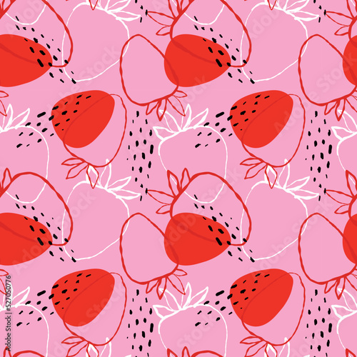 Juicy fresh strawberry in doodle style .Strawberry abstract hand drawn pink background. Banner for bar cocktail milkshake poster. Drink illustration for menu or packaging design.