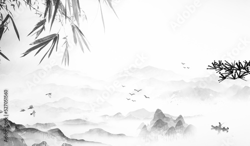 Fototapeta Naklejka Na Ścianę i Meble -  peaceful spring Chinese painting of mountains and rivers Clouds and pines High mountains of China