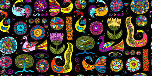 Magic fantasy birds and flowers. Vintage seamless pattern background for your...