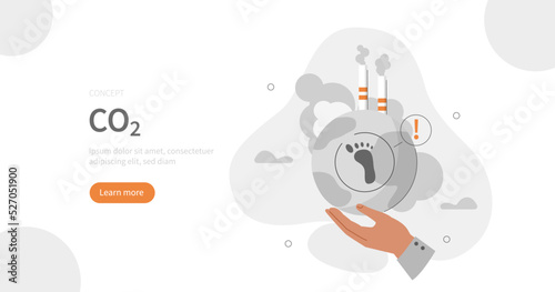 Hand holding planet polluted by coal power station. Environment impact, CO2 emission pollution and climate change concept. Vector illustration.
