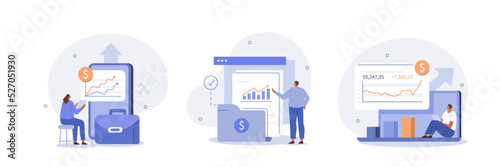 Financial illustration set. Characters investing money in stock market. People analyzing financial graphs, latest stock market news and other data. Stock trading concept. Vector illustration.
