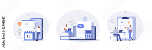 Taxes illustration set. Characters using tax calendar to filling tax declaration form online and with financial advisor. Taxation planning concept. Vector illustration. photo