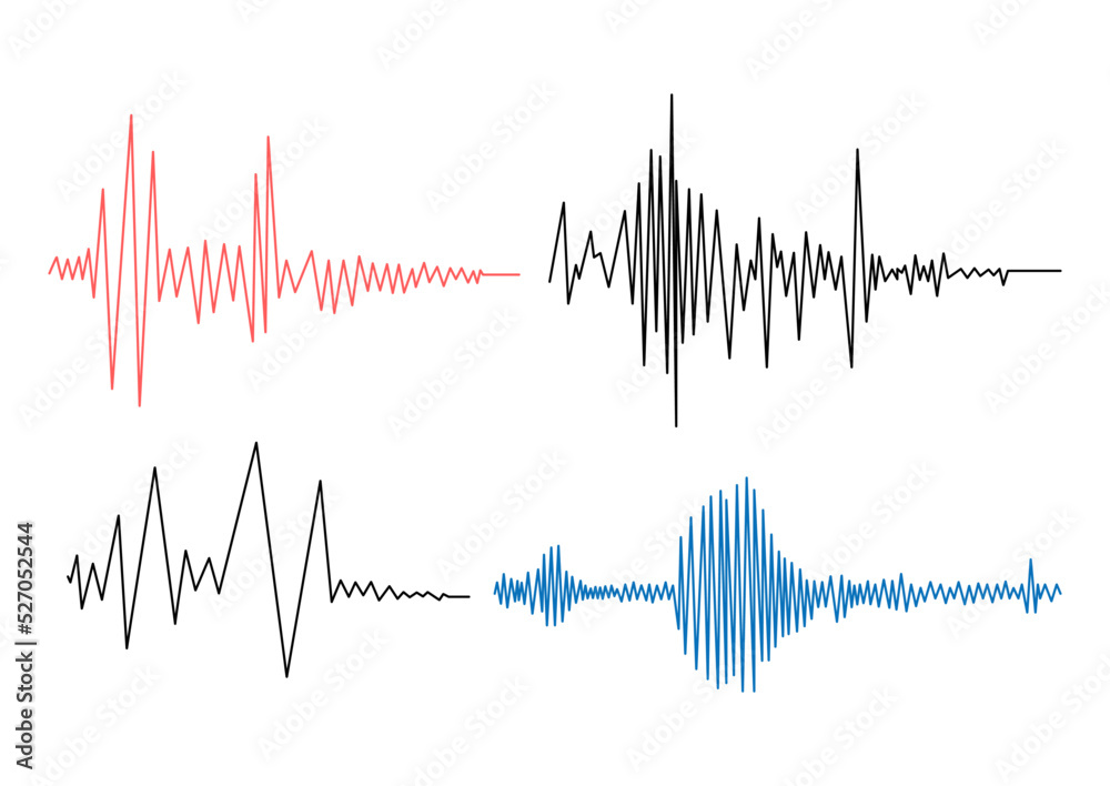 Earthquake seismogram waves set. Seismograph vibration recording chart
