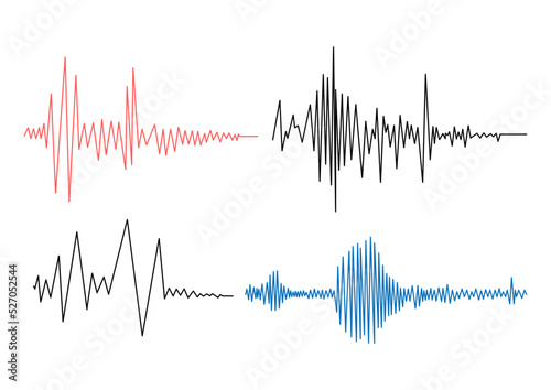 Earthquake seismogram waves set. Seismograph vibration recording chart collection. Polygraph lie detector diagram record. Audio wave, wind or tempetature measurement graph. Vector illustration. photo