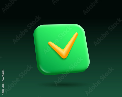 Accept tick check mark vector 3d render button. Green gradient app icon background. Perspective rounded rectangle shape for web and mobile applications. Confirmation, approval success graphic symbol