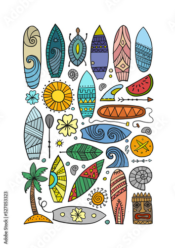 Surf boards collection, surfing time. Hawaii Concept Art background. Product design template - t-shirts, banners, cards etc. Vector illustration