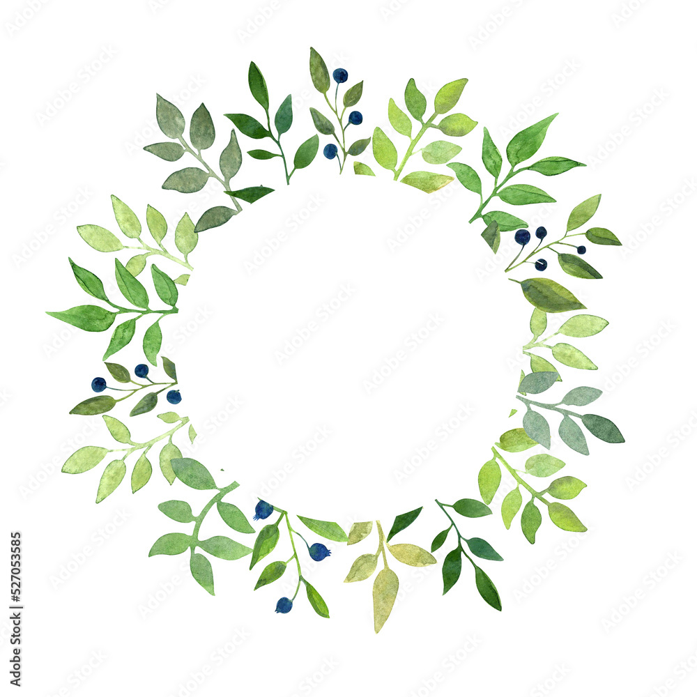 Watercolor hand drawn circle frame with green leaves and wigs and blue berries. Perfect for invitations and cards. Watercolor hand drawn circle frame with green leaves and wigs and blue berries. Perfect for invitations and cards.