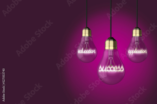 Education concept old style light bulb light bulbs education application success concept glowing text on a cerice pink background