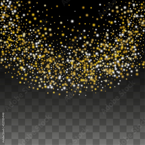 Gold Glitter Vector Texture on a Black. Golden Glow Pattern. Golden Christmas and New Year Snow. Golden Explosion of Confetti. Star Dust. Abstract Flicker Background with a Party Lights Design.