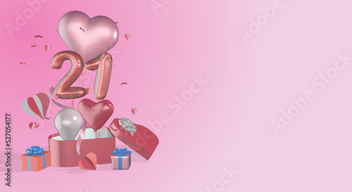 3D render rendered gift boxes heart balloons ribbon bows balloon numbers numerals suitable for 21st birthday or anniversary photo