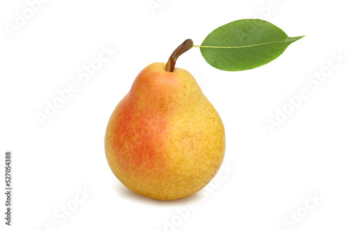 Delicious pear with leaf isolateded on white