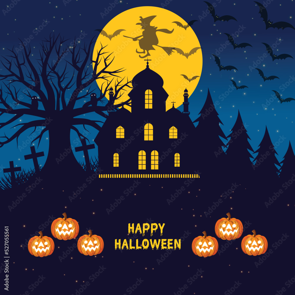 Colorful Witch haunted house pumpkins and background Bats template 14