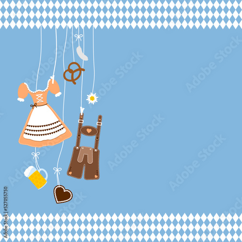 Links Hängende Oktoberfest Symbole Orange Braun Bordüre Rautenmuster Blauer Hintergrund