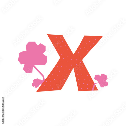 Red letter X in cut out collage style. Hand drawing isolated vector illustration with herb