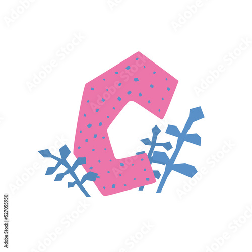 Pink letter C in cut out collage style. Hand drawing isolated vector illustration with herb