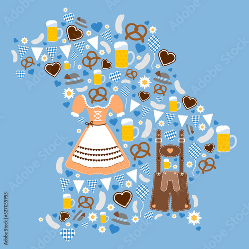 Oktoberfest Symbole Orange Braun Umriss Landkarte Bayern Blauer Hintergrund