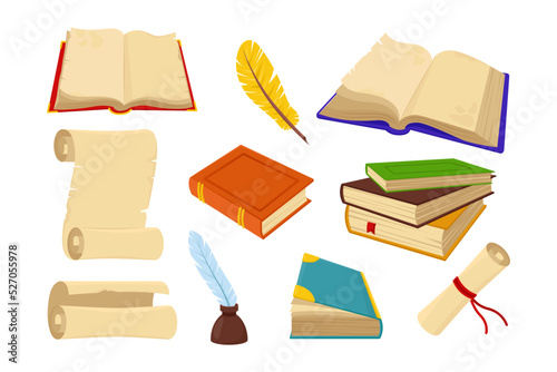 Quills, old books and paper vector illustrations set. Papyrus or parchment scrolls, stack of hard cover books, quill pens with inkwell isolated on white background. Literature, fantasy, poetry concept