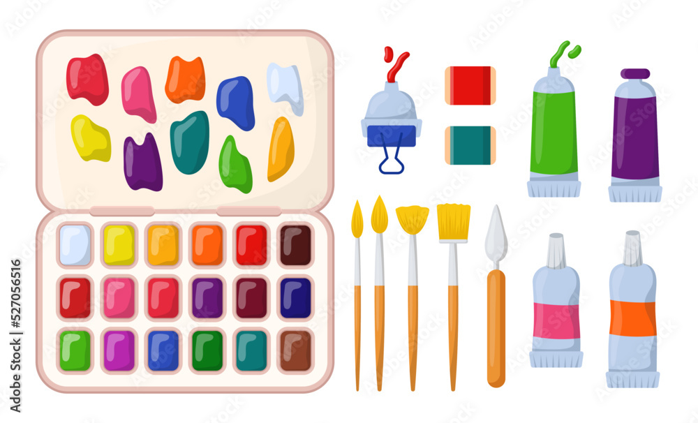 Different art supplies for painting vector illustrations set. Watercolor palette box, tubes with oil paints, paintbrushes, painting knife for artists isolated on white background. Art, hobby concept Different art supplies for painting vector illustrations set. Watercolor palette box, tubes with oil paints, paintbrushes, painting knife for artists isolated on white background. Art, hobby concept