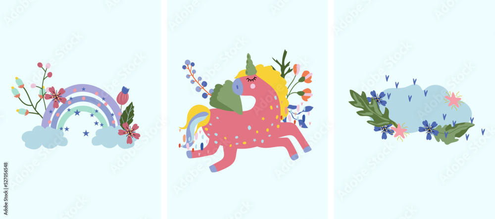 Bright composition with cute Unicorn, rainbow, cloud. Fantastic Unicorn. Fairy compositions can be used as creating card, banner, birthday and other holidays. Vector illustration.