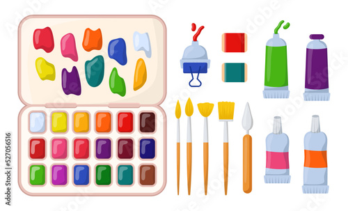 Different art supplies for painting vector illustrations set. Watercolor palette box  tubes with oil paints  paintbrushes  painting knife for artists isolated on white background. Art  hobby concept