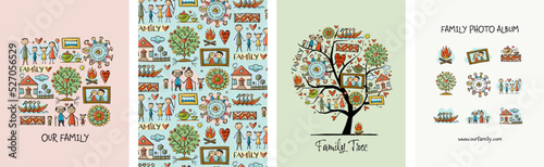 Family concept art collection. Frame, background, tree, icons. Set for your design project - cards, banners, poster, web, print, social media, promotional materials. Vector illustration