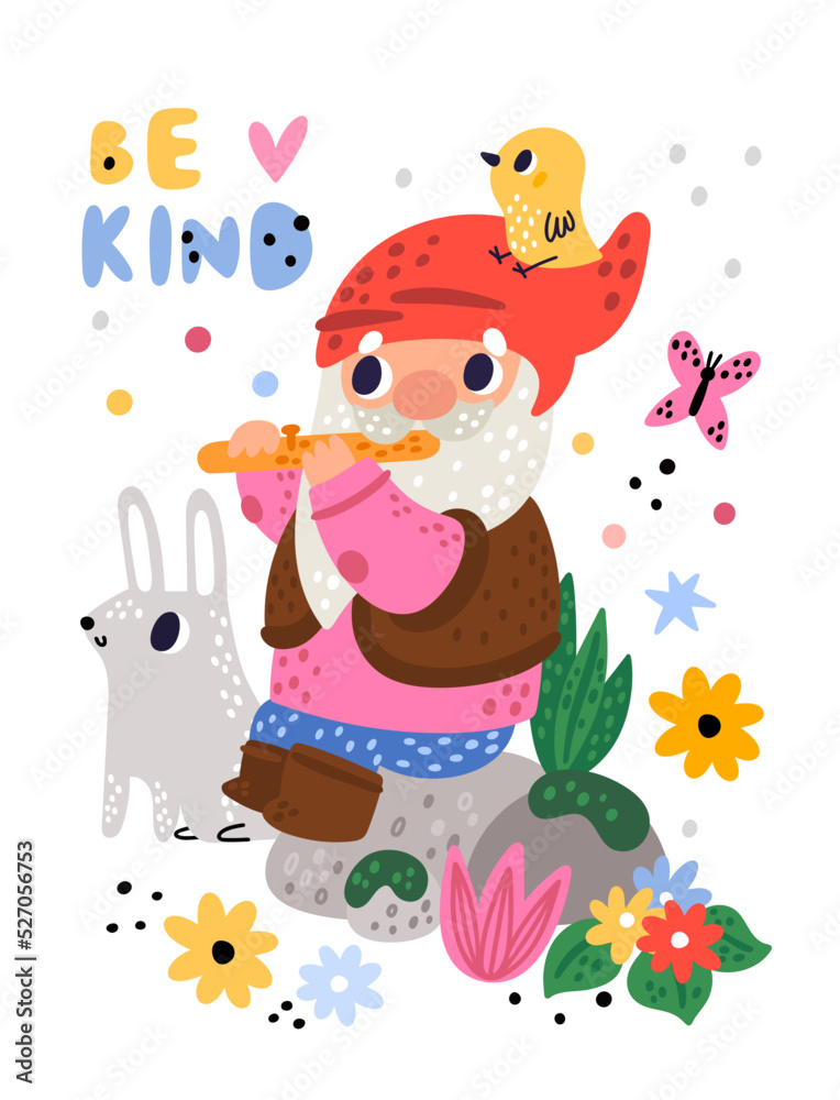 Naklejka premium Cute garden gnomes poster. Cartoon gnomic character playing flute. Funny animals and flowers. Fairy tale senior bearded man in red cap. Fabulous dwarf. Kids card. Vector illustration