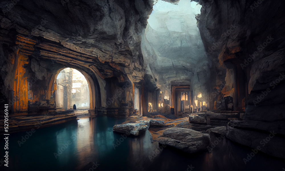 underground  lake inside cave with remains of the old town and corridors, digital painting - obrazy, fototapety, plakaty 