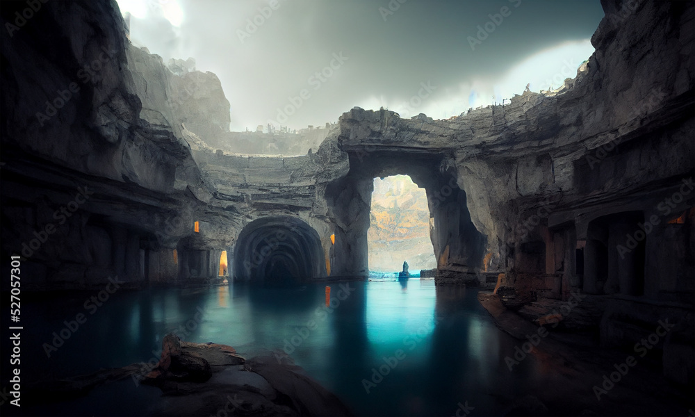 hidden  lake inside cave with remains of the old town and corridors, digital painting