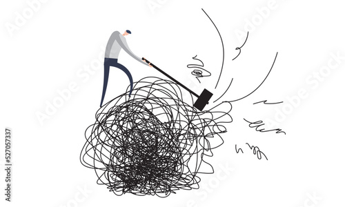 Person breaks barriers hammer Man tames chaos. Psychology, transformation, activity. Complex knot. Find solution, creativity process, problem solve, understanding, concept. Vector illustration