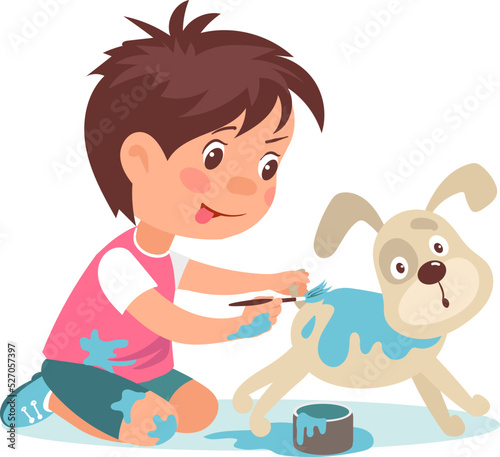 Kids destroy. Children bad behavior. Naughty boy painting dog. Mischievous fidget playing destructive games. Unattended hyperactive teenager. People bullying animal. Vector illustration
