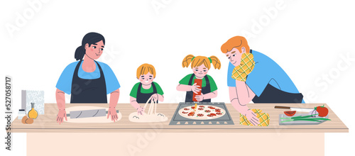 Traditional family with two children. Woman rolls out a pizza. Kid is playing with dough. Girl pours the sauce. Dad watches his wife and children cook. Flat vector illustration. Eps10