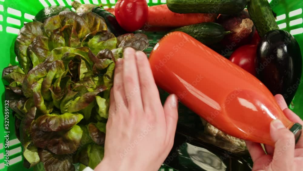 Food shopping delivery, online shop. Buying eats in supermarket store. Green basket with fresh vegetables, goods products top view, Food shopping delivery, online shop. Buying eats in supermarket store. Green basket with fresh vegetables, goods products top view,