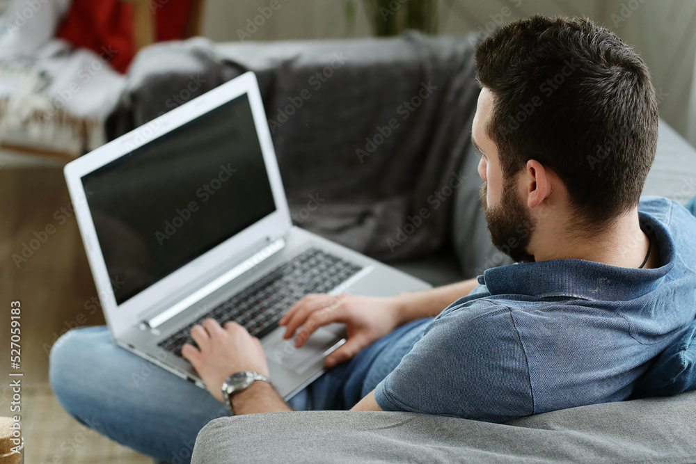 Handsome young man with beard using laptop at home Handsome young man with beard using laptop at home