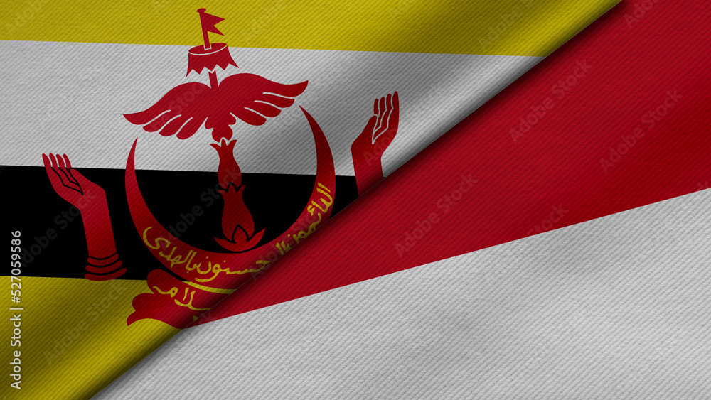 3D Rendering of two flags from Brunei Darussalam and Republic of Indonesia together with fabric texture, bilateral relations, peace and conflict between countries, great for background