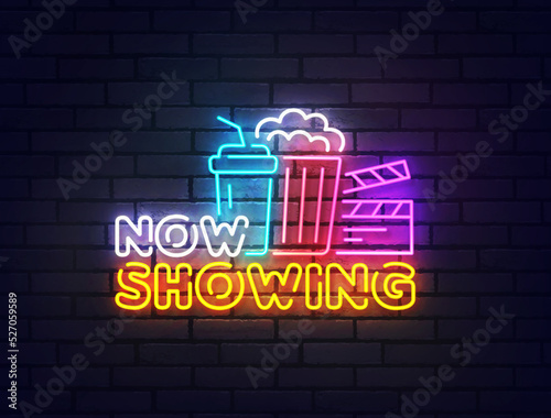 Now Showing neon sign, bright signboard, light banner. Cinema, Movie logo neon, emblem. Vector illustration