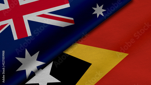 3D Rendering of two flags from Commonwealth of Australia and TimorLeste together with fabric texture, bilateral relations, peace and conflict between countries, great for background photo